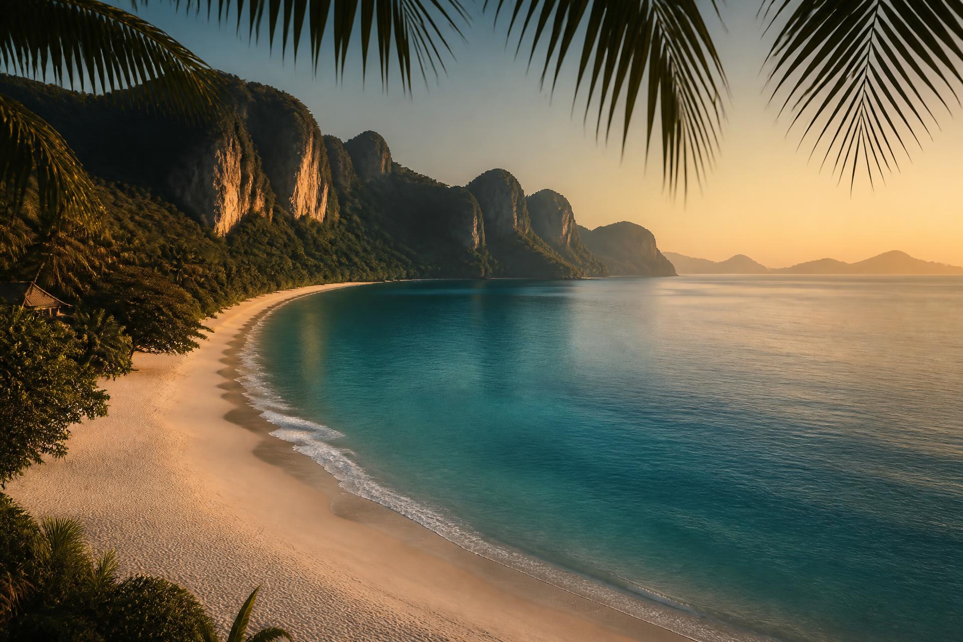 Aerial view of a turquoise Phuket bay at golden hour